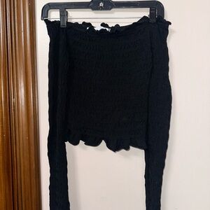 Zara Black Smocked Off-Shoulder Long Sleeve Top